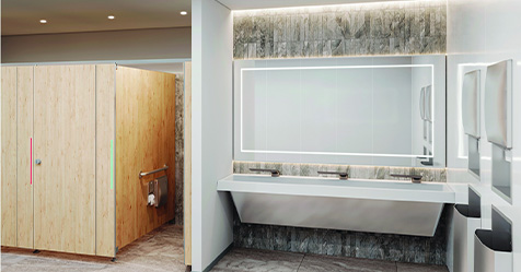 Commercial washroom with sink and stalls