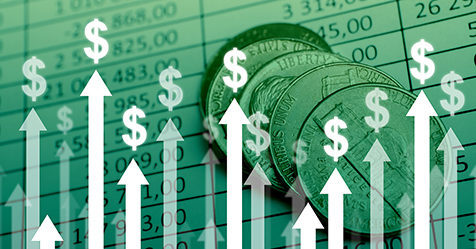 Dollar currency growth concept with upward arrows on charts and coins background